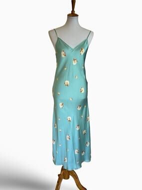 Sage Green Satin Floral Slip Dress Cream Rose Print Midi Silhouette Size M